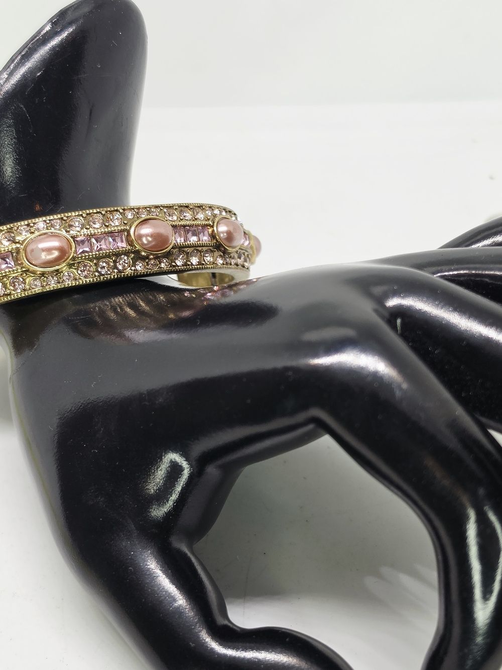 Heidi Daus Pink Swarovski Rhinestone Faux Pink Pearl 7" Hinge Bangle Bracelet - Picture 7 of 7